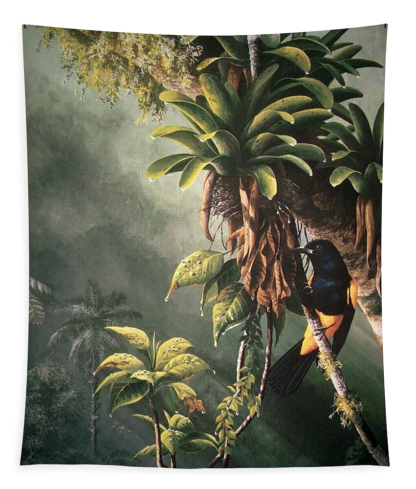 Chris Cox Tapestry featuring the painting St. Lucia Oriole in bromeliads by Christopher Cox