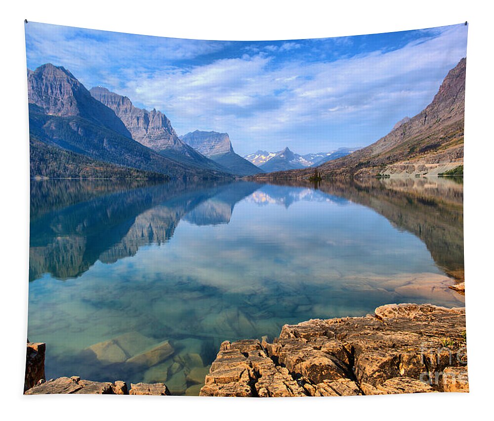 St Mary Lake Tapestry featuring the photograph St Mary Partly Cloudy Reflections by Adam Jewell
