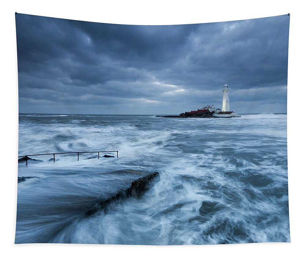 St Mary's Lighthouse Tapestry featuring the photograph St Mary's Lighthouse and the cold North Sea by Anita Nicholson