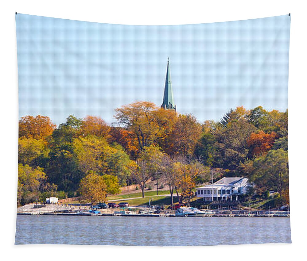 St. Rose Catholic Church Tapestry featuring the photograph St Rose and Perrysburg Boat Club Panorama by Jack Schultz