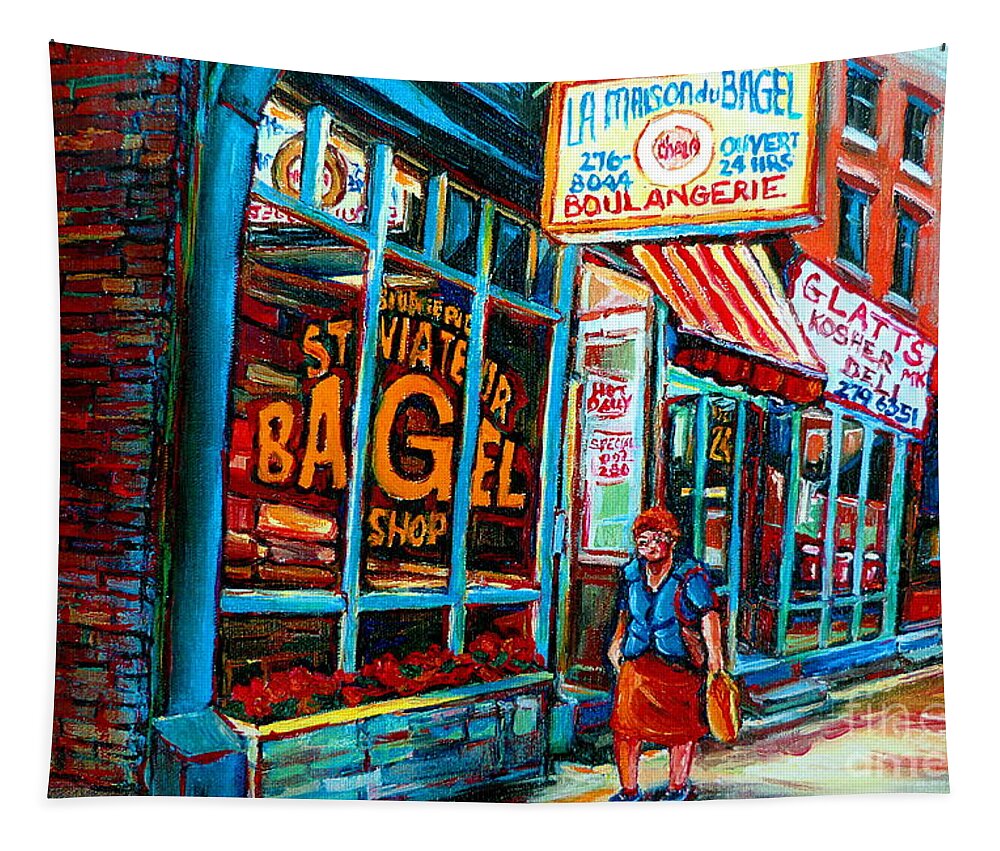 St Tapestry featuring the painting St. Viateur Bagel Bakery by Carole Spandau