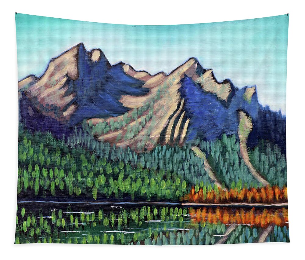 Stanley Lake Tapestry featuring the painting Stanley Lake by Kevin Hughes