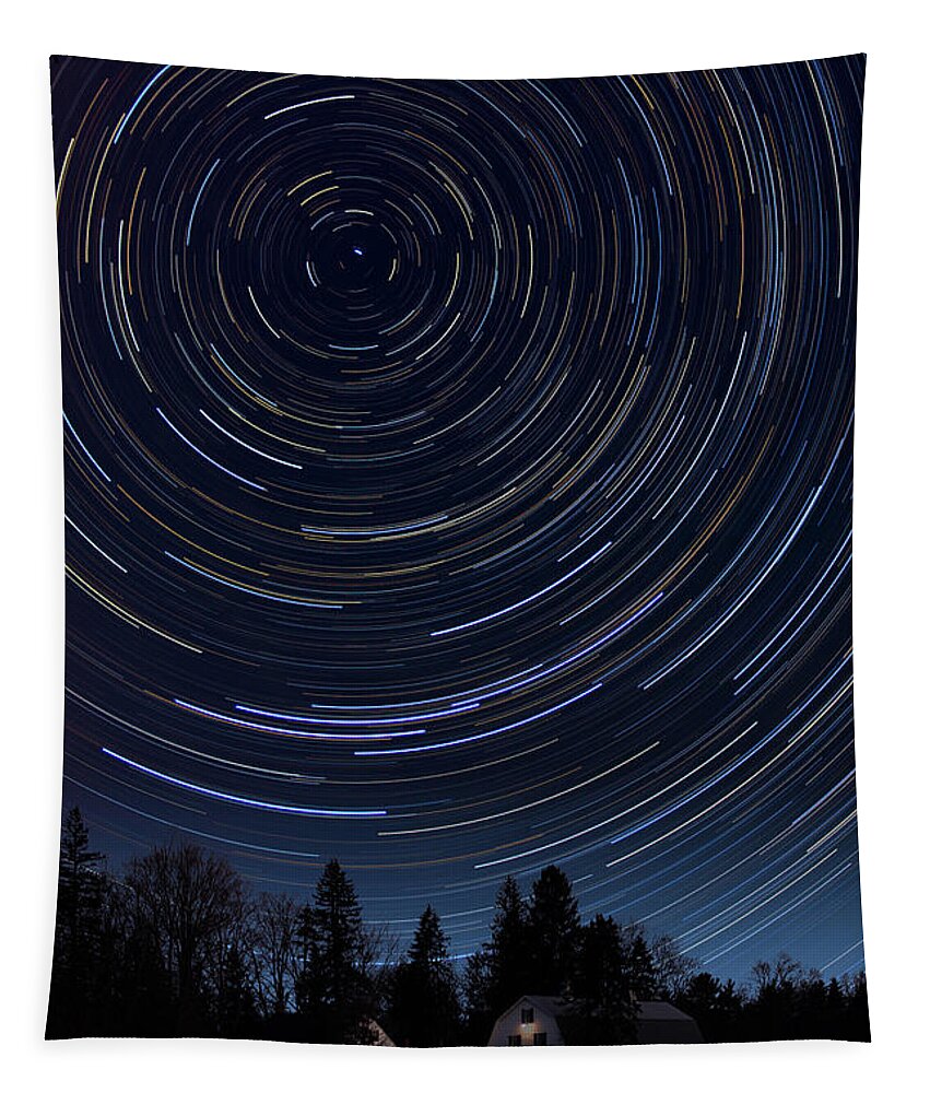 Astronomy Tapestry featuring the photograph Star Trails Over Barn by Larry Landolfi