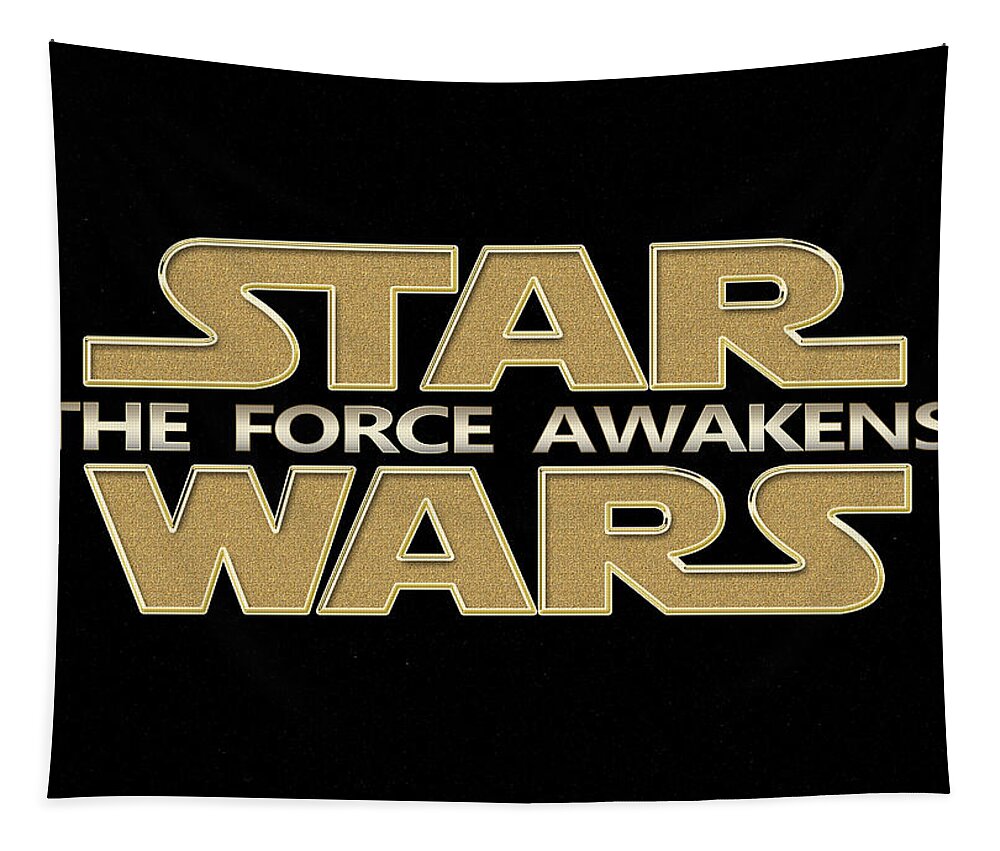 Star Wars Script Design Tapestry featuring the painting Star Wars The Force Awakens Carved Gold Typography digital art by Georgeta Blanaru