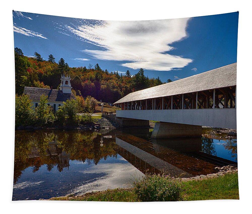 #jefffolger Tapestry featuring the photograph Stark covered bridge and church by Jeff Folger