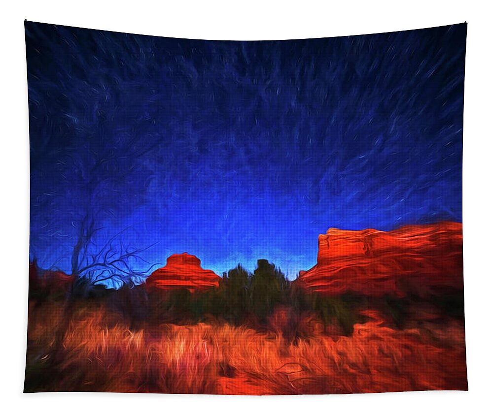 Sedona Tapestry featuring the photograph Starry Sky over Bell Rock in Sedona AZ Arizona Painterly by Toby McGuire