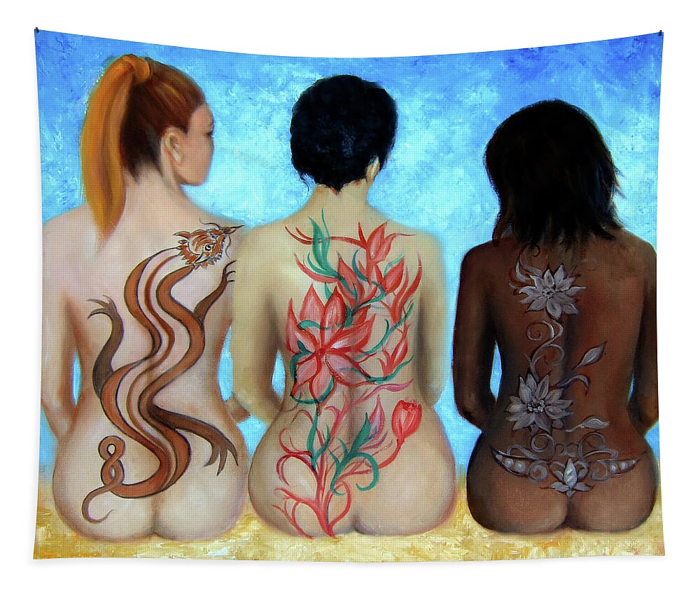 Tattooed Women Nudes Tapestry featuring the painting Tattooed Stately Curves by Leonardo Ruggieri