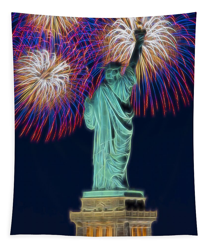 Statue Of Liberty Tapestry featuring the photograph Statue Of Liberty Fireworks by Susan Candelario