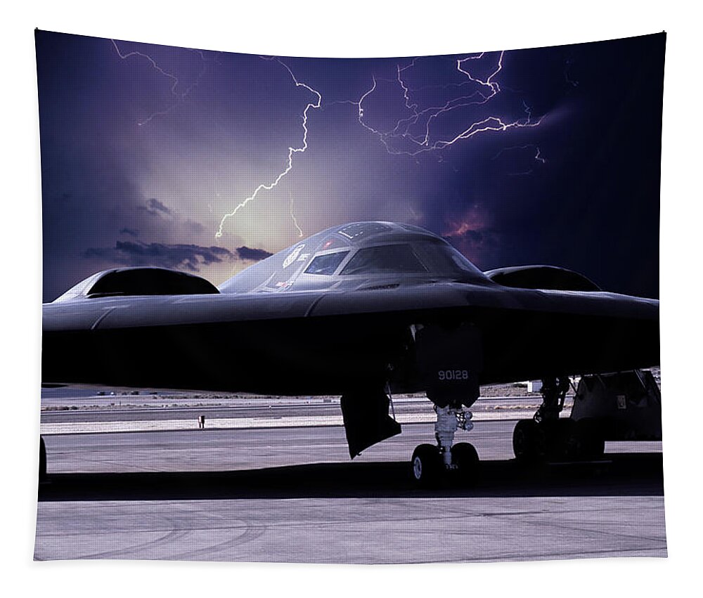 B-2 Stealth Bomber Tapestry featuring the mixed media Stealth Lightning by Erik Simonsen