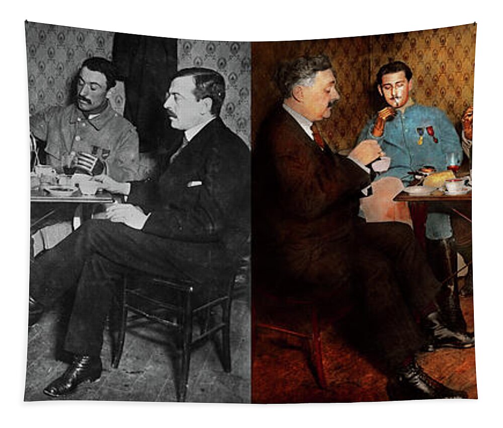 Cyborg Tapestry featuring the photograph Steampunk - Bionic three having tea 1917 - Side by Side by Mike Savad