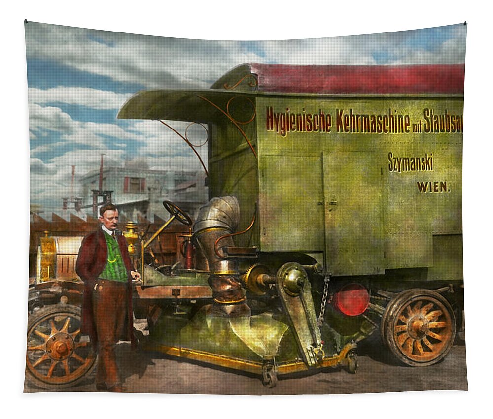 Street Cleaner Tapestry featuring the photograph Steampunk - Street Cleaner - The hygiene machine 1910 by Mike Savad