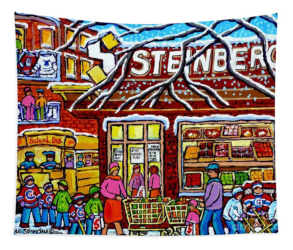 Montreal Tapestry featuring the painting Steinberg's Grocery Montreal Memories Winter Scene Hockey Art Canadian Painting Carole Spandau    by Carole Spandau