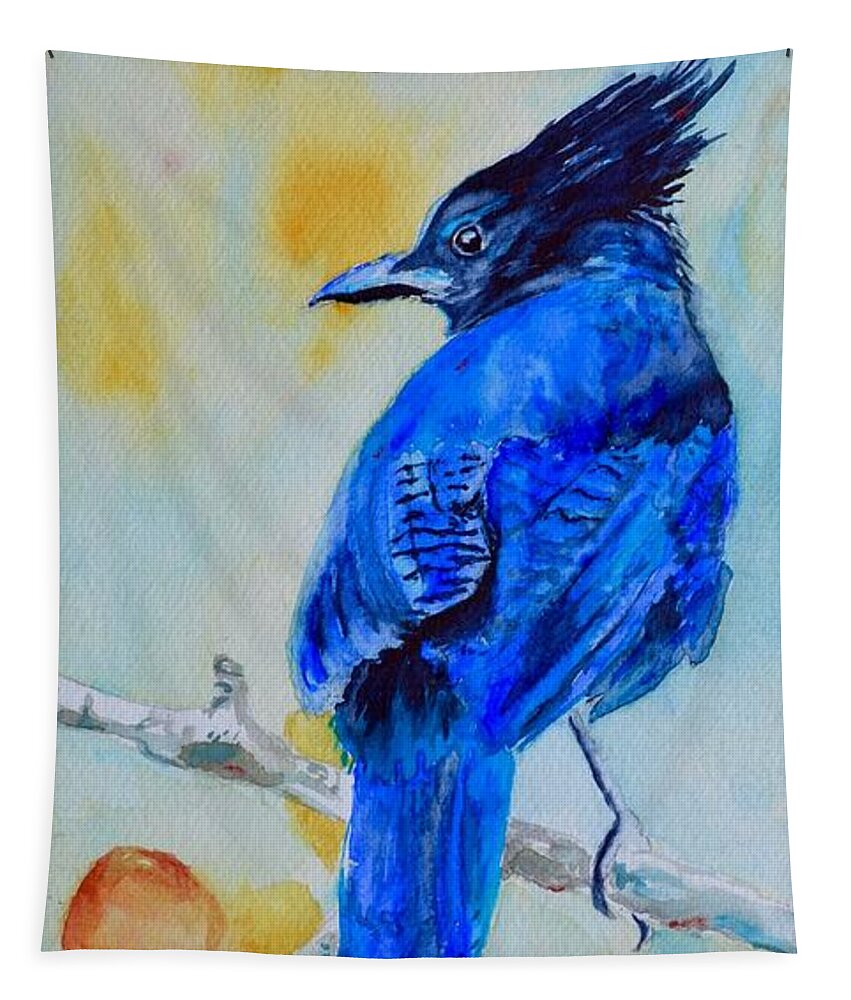 Jay Tapestry featuring the painting Steller's Jay On Aspen by Beverley Harper Tinsley