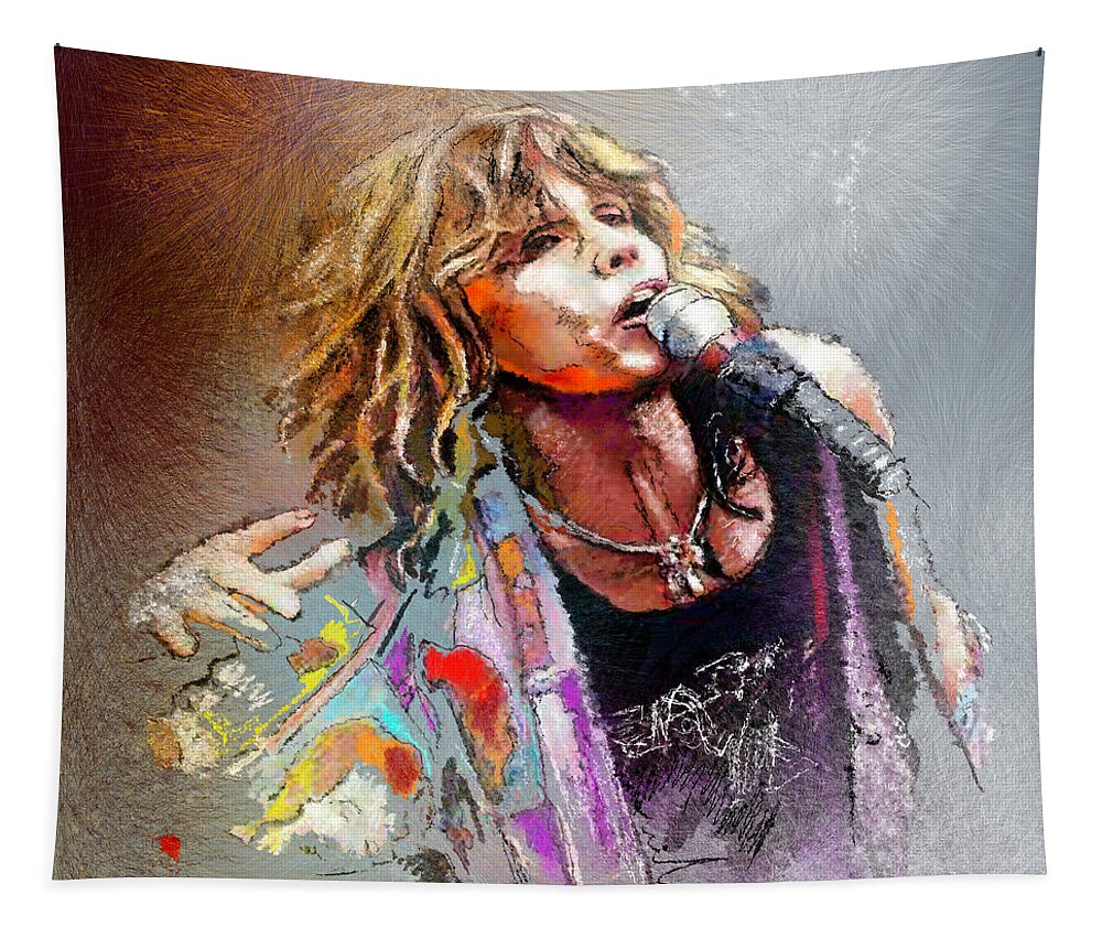 Musicians Tapestry featuring the painting Steven Tyler 02 Aerosmith by Miki De Goodaboom