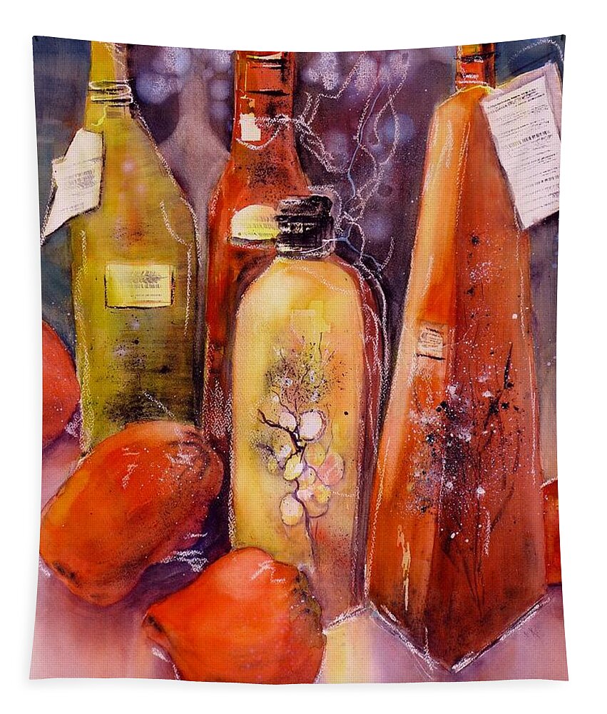 Still Life Olive Oil And Peppers Tapestry featuring the painting Still Life Olive Oil and Peppers by Sabina Von Arx
