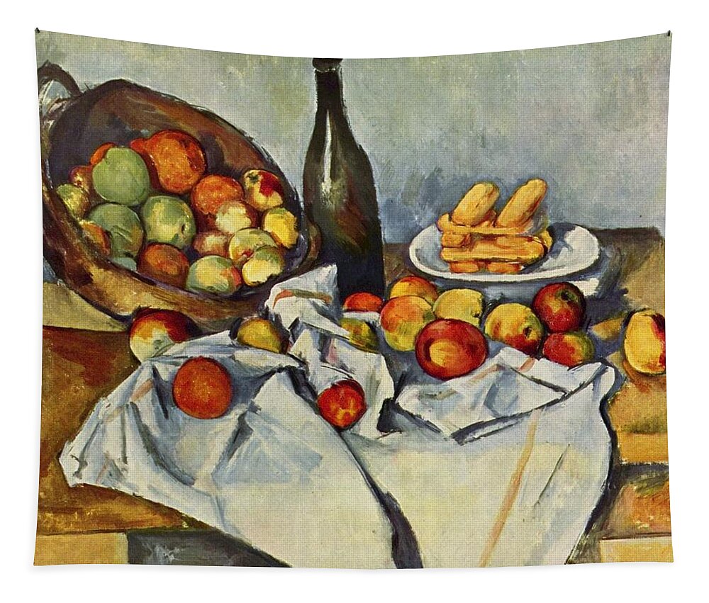 Cezanne Tapestry featuring the painting Still Life With Bottle And Apple Basket by Pam Neilands