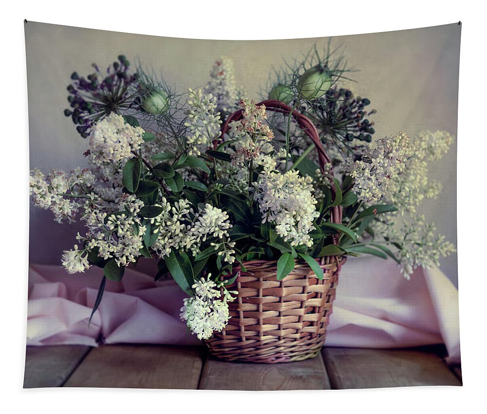 Flowers Tapestry featuring the photograph Still life with fresh privet flowers in the basket by Jaroslaw Blaminsky