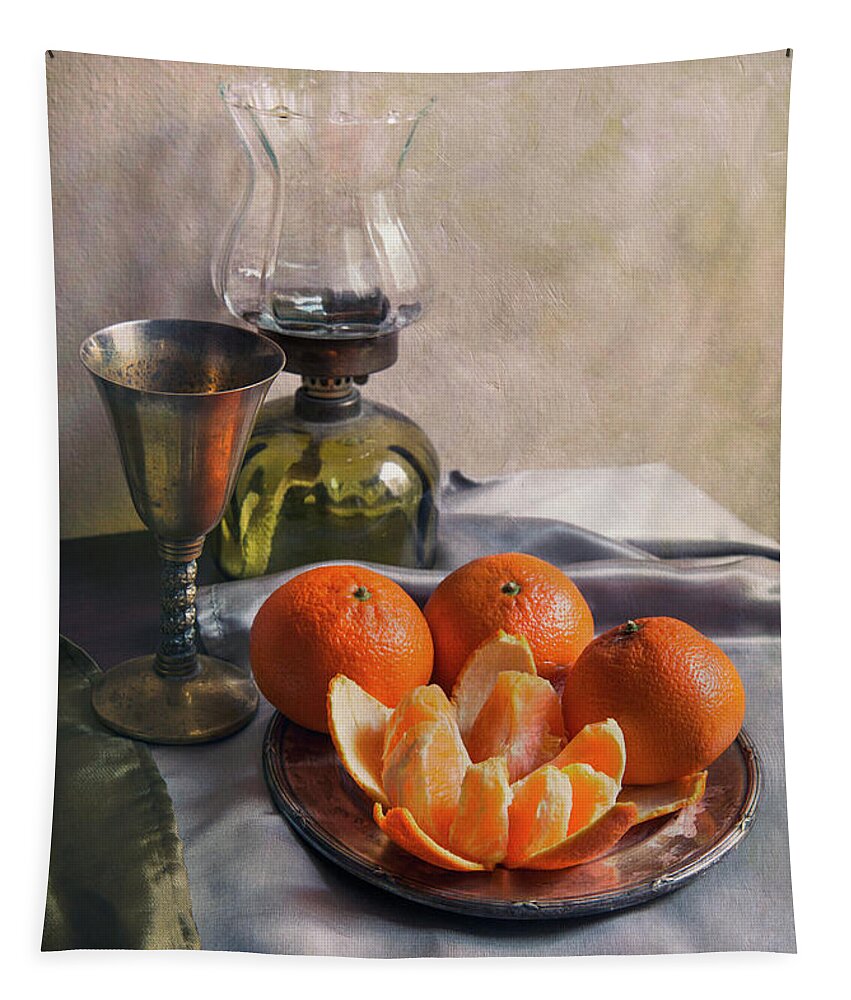 Still Life Tapestry featuring the photograph Still life with fresh tangerines and oil lamp by Jaroslaw Blaminsky