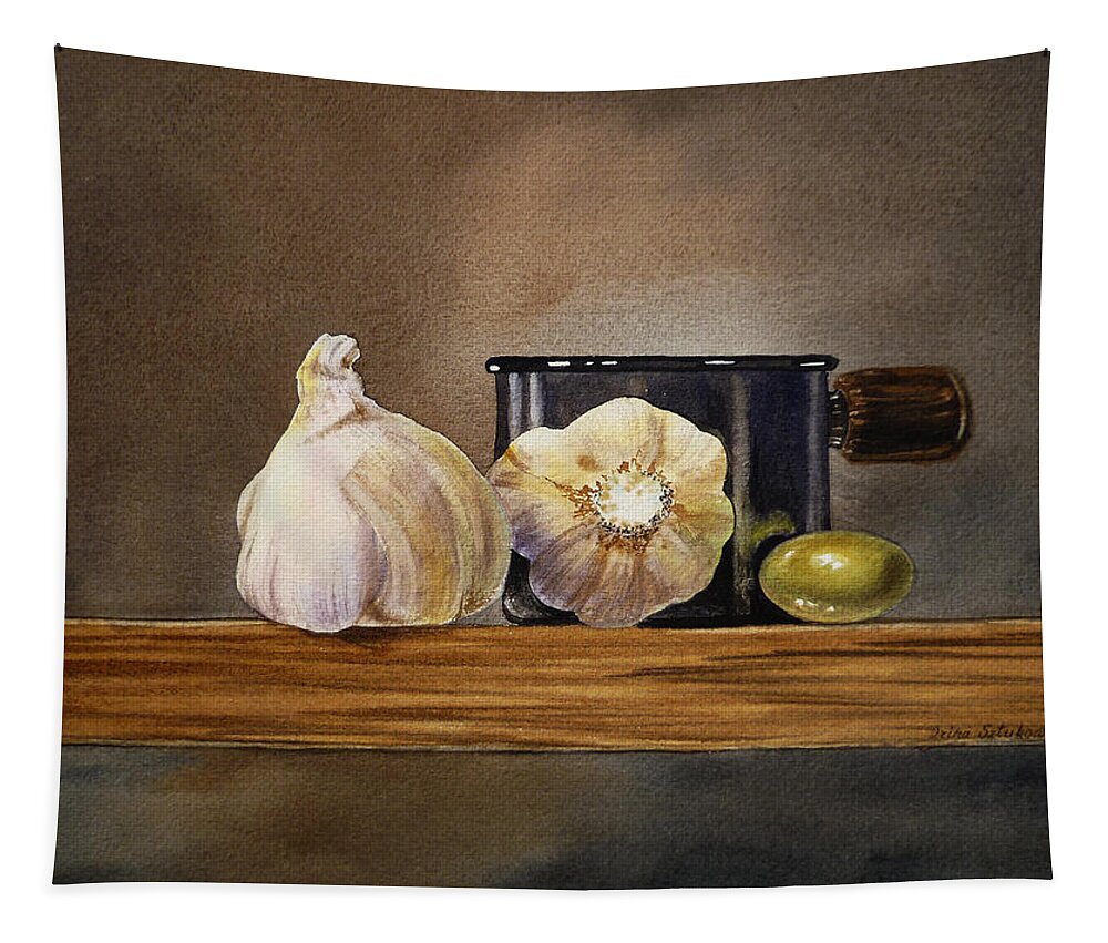 Garlic Tapestry featuring the painting Still Life With Garlic and Olive by Irina Sztukowski