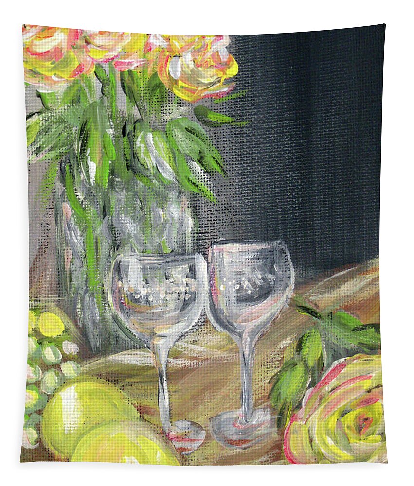 Still Life With Lemons Tapestry featuring the painting Still Life with Lemons, Roses and Grapes. Painting by Oksana Semenchenko