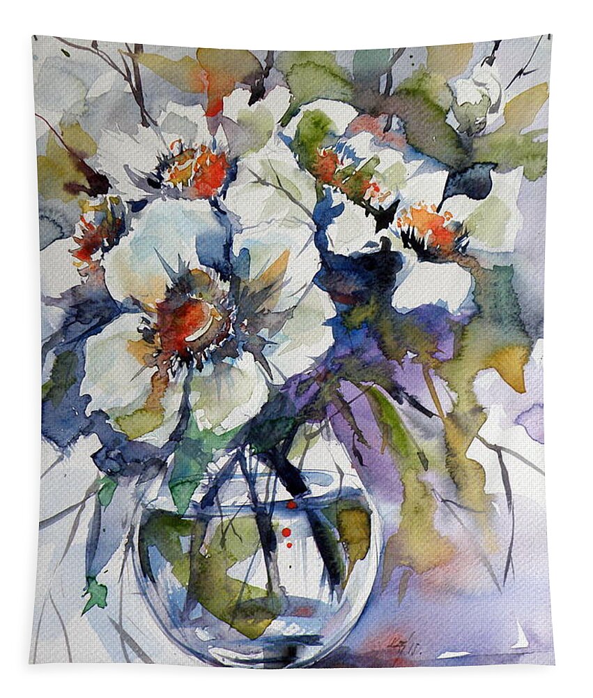 Still Life Tapestry featuring the painting Still life with white flowers by Kovacs Anna Brigitta