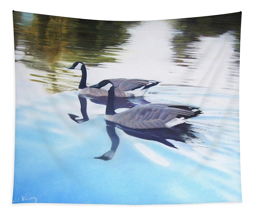 Canadian Geese Tapestry featuring the painting Still Motion by David Vincenzi