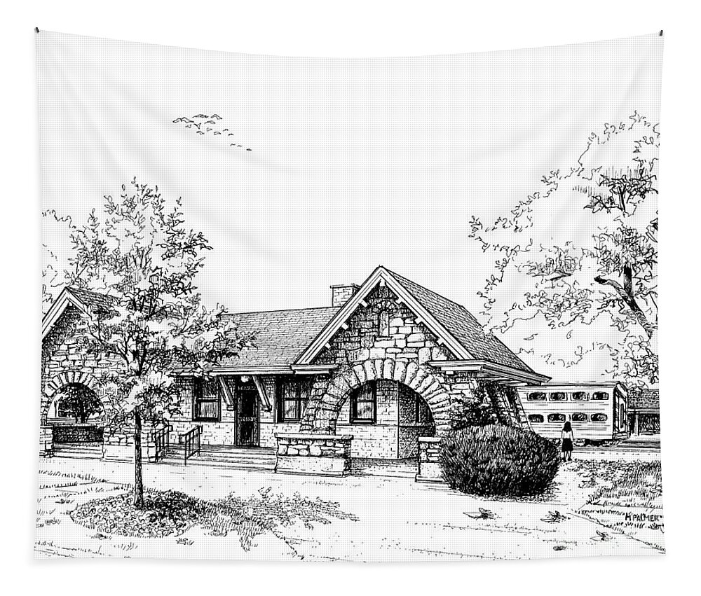 Train Tapestry featuring the drawing Stone Ave. Train Station by Mary Palmer
