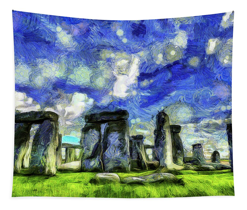 Impressionist Stonehenge Tapestry featuring the mixed media Stonehenge Vincent Van Gogh by David Pyatt