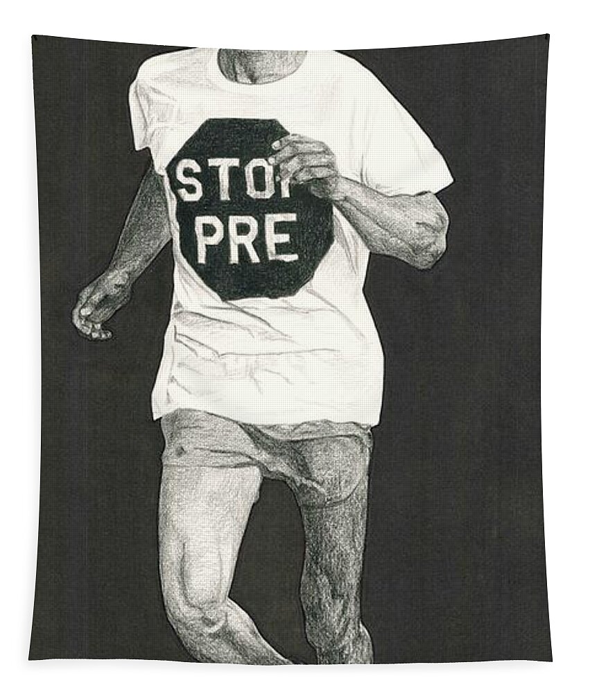 Steve Prefontaine Tapestry featuring the drawing Stop Pre by Chris Brown