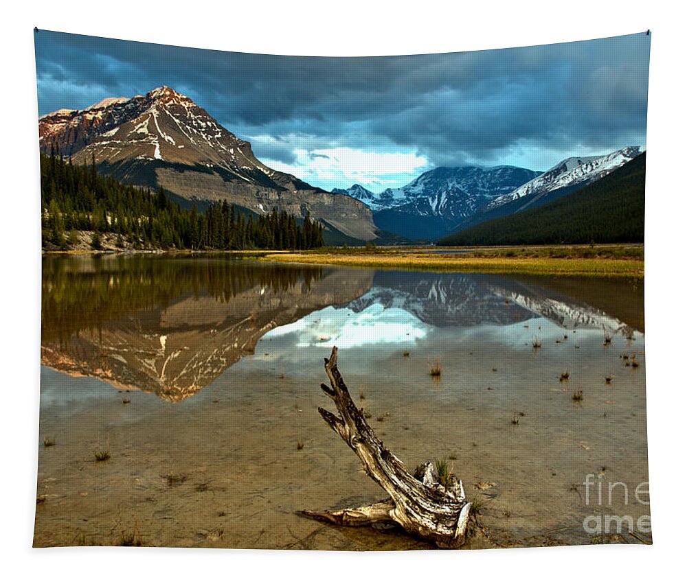 Beauty Creek Tapestry featuring the photograph Storm Clouds And Mt. Chephren Reflections by Adam Jewell