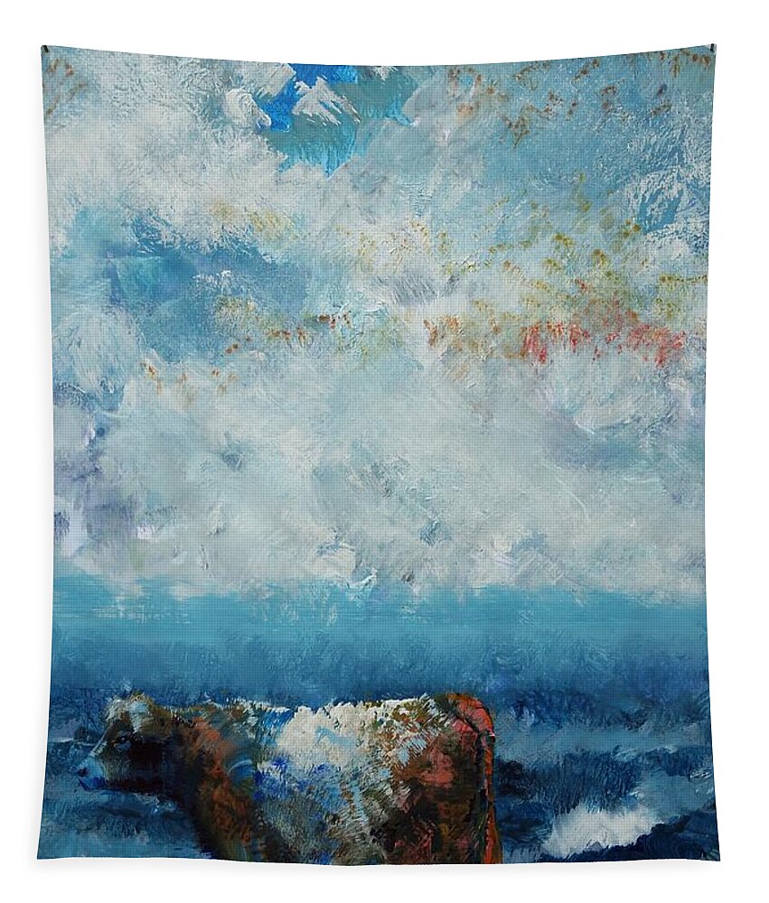 Belted Galloway Cows Tapestry featuring the painting Storms Coming - Belted Galloway Cow Under a Colorful Cloudy Sky by Mike Jory