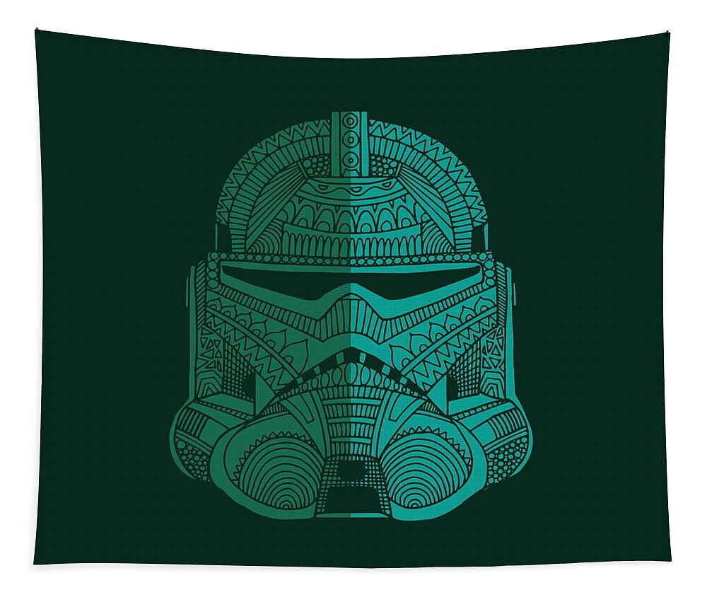 Stormtrooper Tapestry featuring the mixed media Stormtrooper Helmet - Star Wars Art - Blue Green by Studio Grafiikka