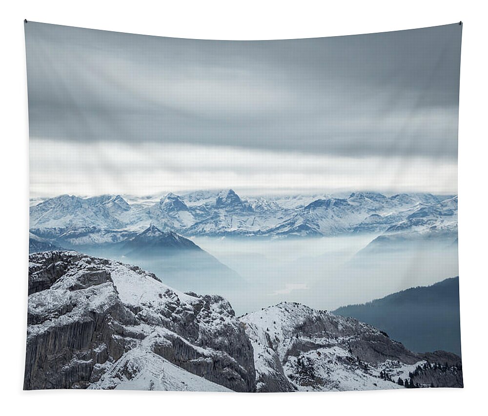 Adventure Tapestry featuring the photograph Stormy Mountainscape. Mount Pilatus, Switzerland by Rick Deacon