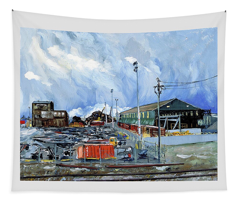 Industrial Landscape Painting Tapestry featuring the painting Stormy Sky Over Shipyard and Steel Mill by Asha Carolyn Young