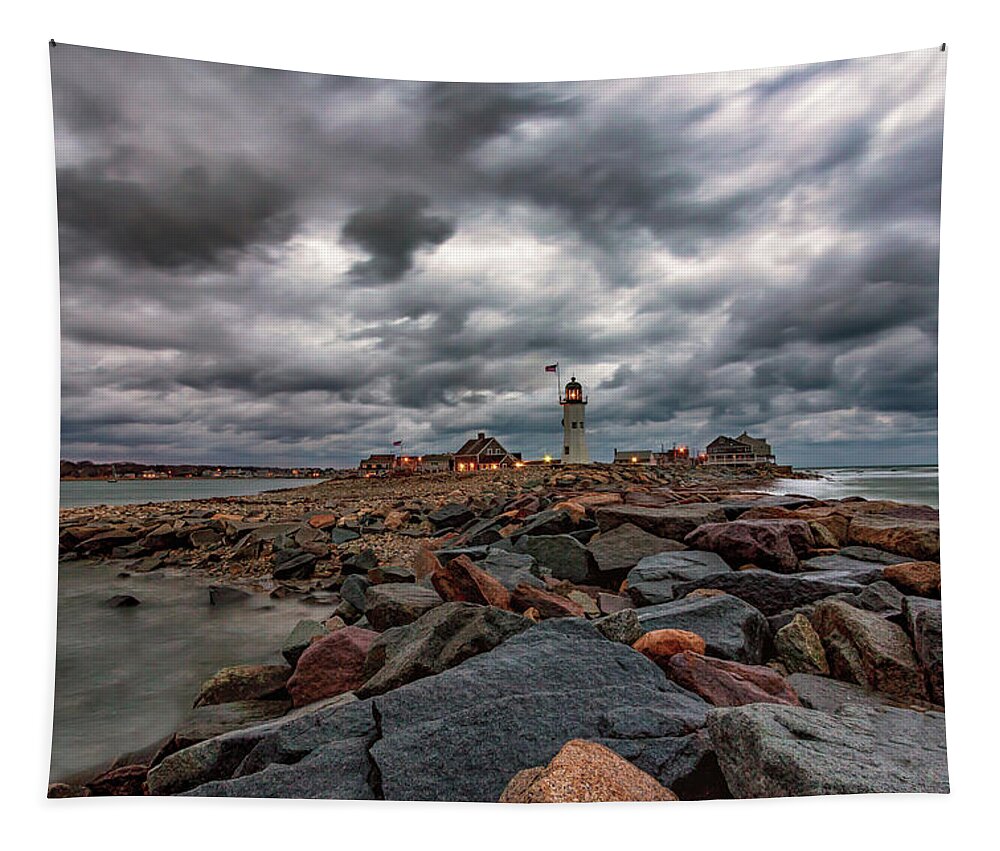 Scituate Tapestry featuring the photograph Stormy Sunrise over Scituate Lighthouse by Brian MacLean