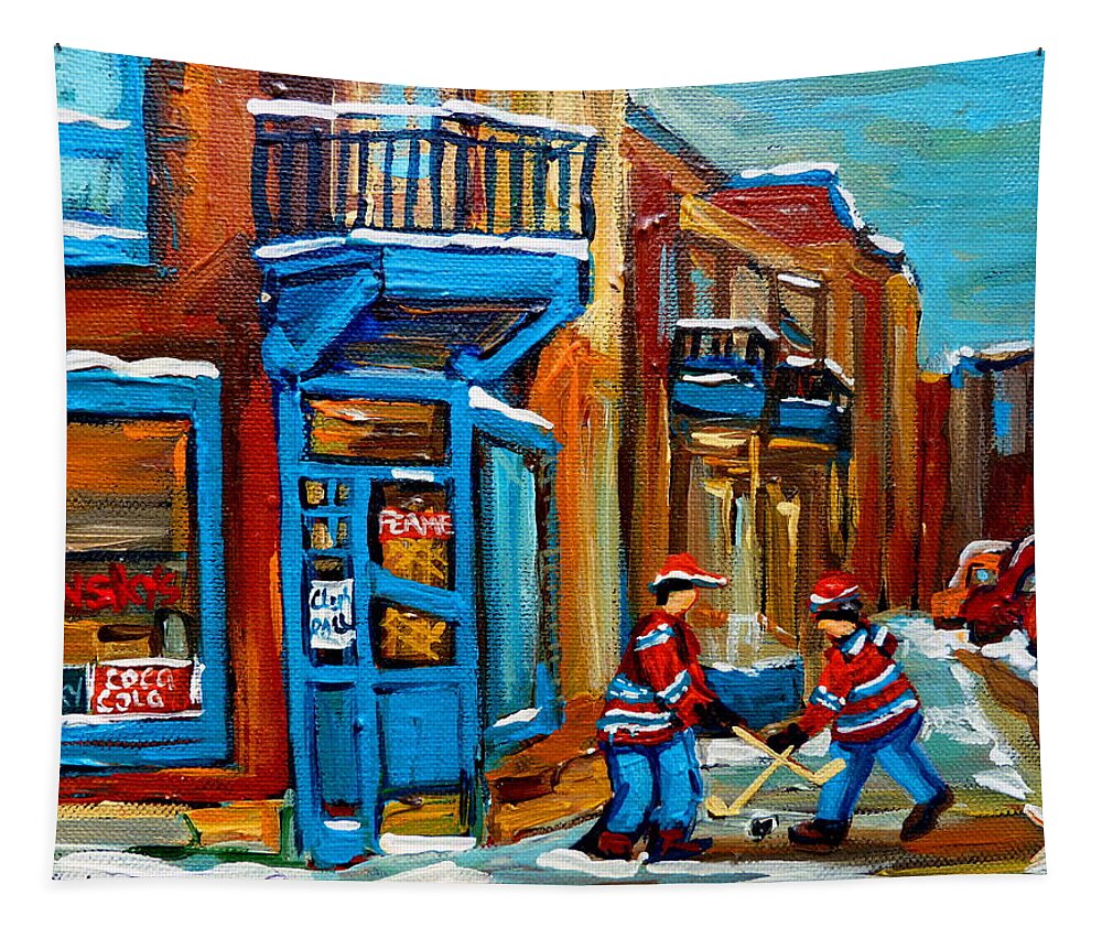 Montreal Tapestry featuring the painting Street Hockey At Wilensky's Montreal by Carole Spandau