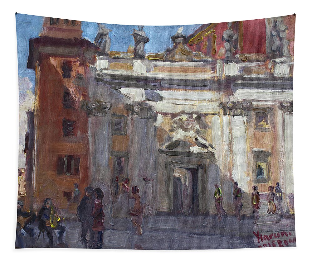 Rome Tapestry featuring the painting Street Musicians Pzza San Silvestri Rome by Ylli Haruni