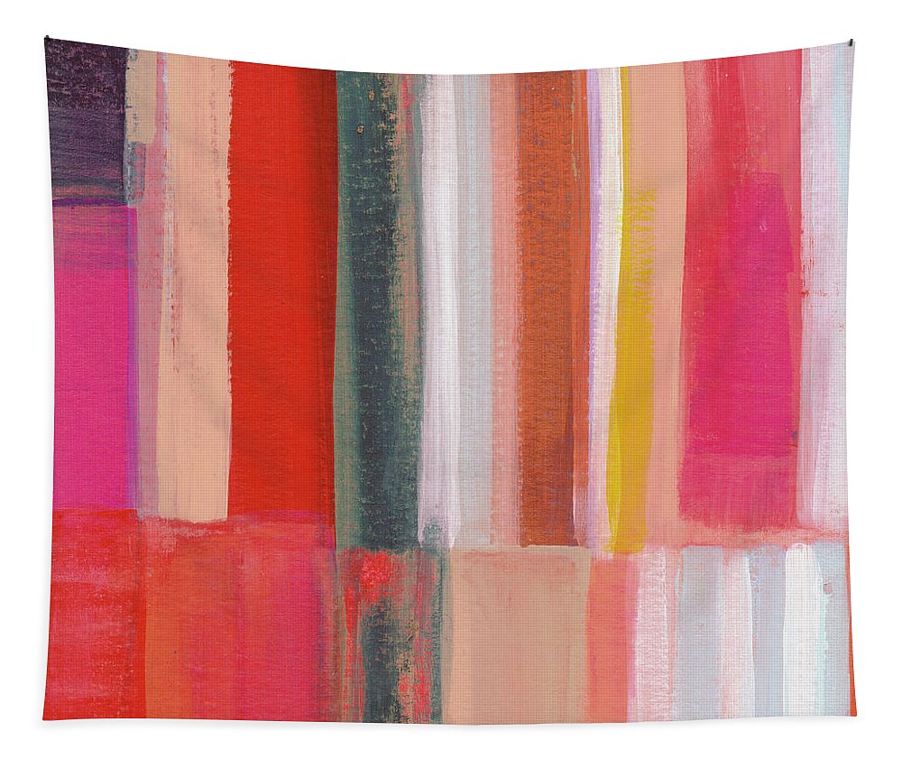 Abstract Modern Scandi Stripes Lines Square Large Colorful Colourful Pink Red Blue White Orange Texture Home Decorairbnb Decorliving Room Artbedroom Artloft Art Corporate Artset Designgallery Wallart By Linda Woodsart For Interior Designersgreeting Cardpillowtotehospitality Arthotel Artart Licensing Tapestry featuring the painting Stroget 1- Art by Linda Woods by Linda Woods