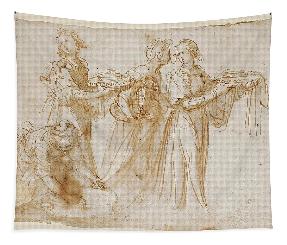 Guglielmo Caccia Tapestry featuring the drawing Studies of Four Women carrying Vessels at the Scene of a Birth by Guglielmo Caccia
