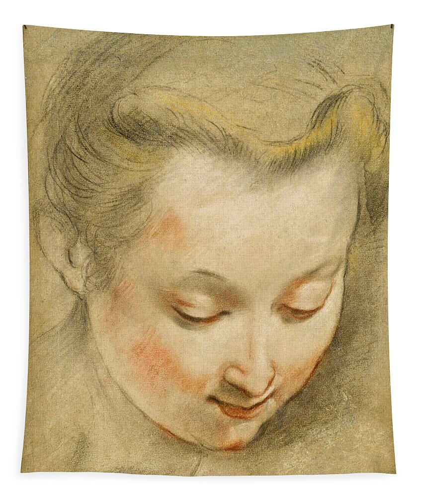 Federico Barocci Tapestry featuring the drawing Study of the Head of a Young Woman looking down to the Right by Federico Barocci