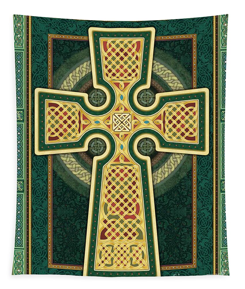Celtic Cross Tapestry featuring the digital art Stylized Celtic Cross in Green by Randy Wollenmann