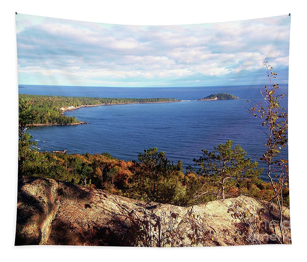 Lake Superior Tapestry featuring the digital art Sugarloaf Mountain In Autumn by Phil Perkins