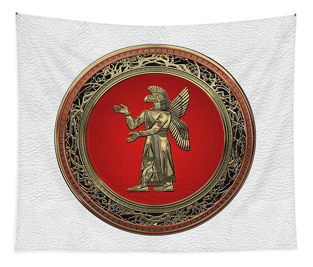 ‘treasures Of Mesopotamia’ Collection By Serge Averbukh Tapestry featuring the digital art Sumerian Deities - Gold God Ninurta over White Leather by Serge Averbukh