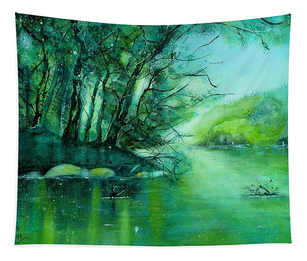 Summer Tapestry featuring the painting Summer evening at the river Rhine by Sabina Von Arx