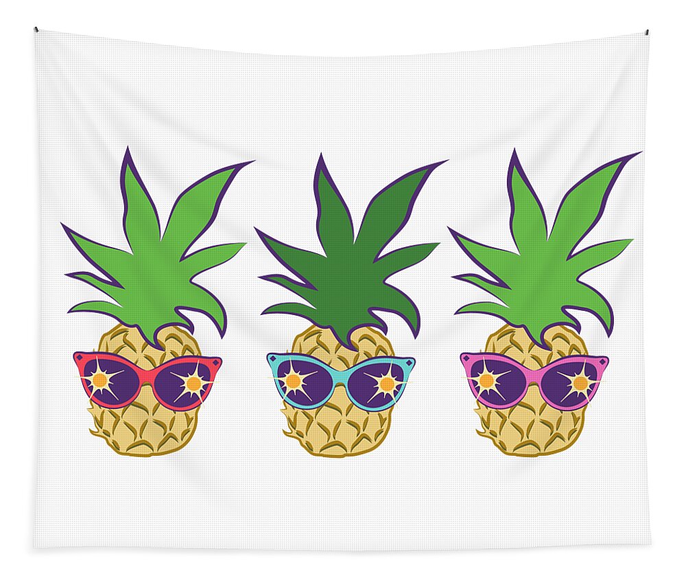 Pineapples Tapestry featuring the digital art Summer Pineapples Wearing Retro Sunglasses by MM Anderson