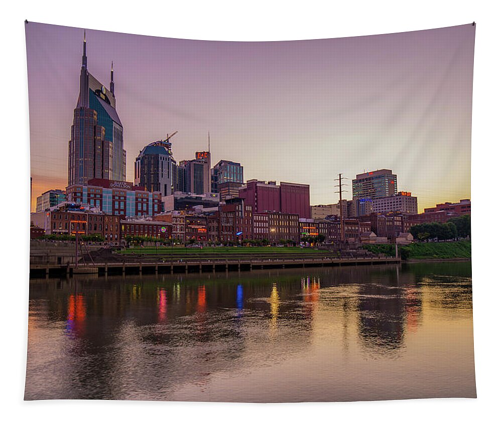 America Tapestry featuring the photograph Sun on the Horizon - Nashville City Skyline by Gregory Ballos