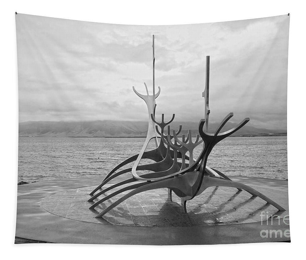 Sun Voyager Tapestry featuring the photograph Sun Voyager, Reykjavik, Black and White by Catherine Sherman