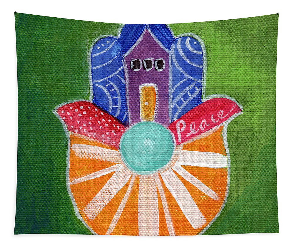 Hamsa Tapestry featuring the painting Sunburst Hamsa by Linda Woods