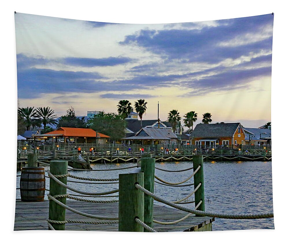 Pier Tapestry featuring the photograph Sundown at Lighthouse Village by Gina Fitzhugh