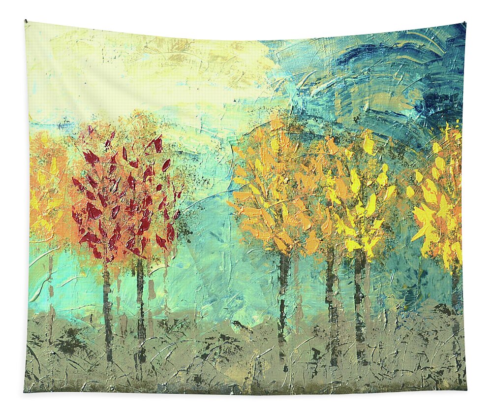 Sunrise Tapestry featuring the painting Sundown Trees by Linda Bailey